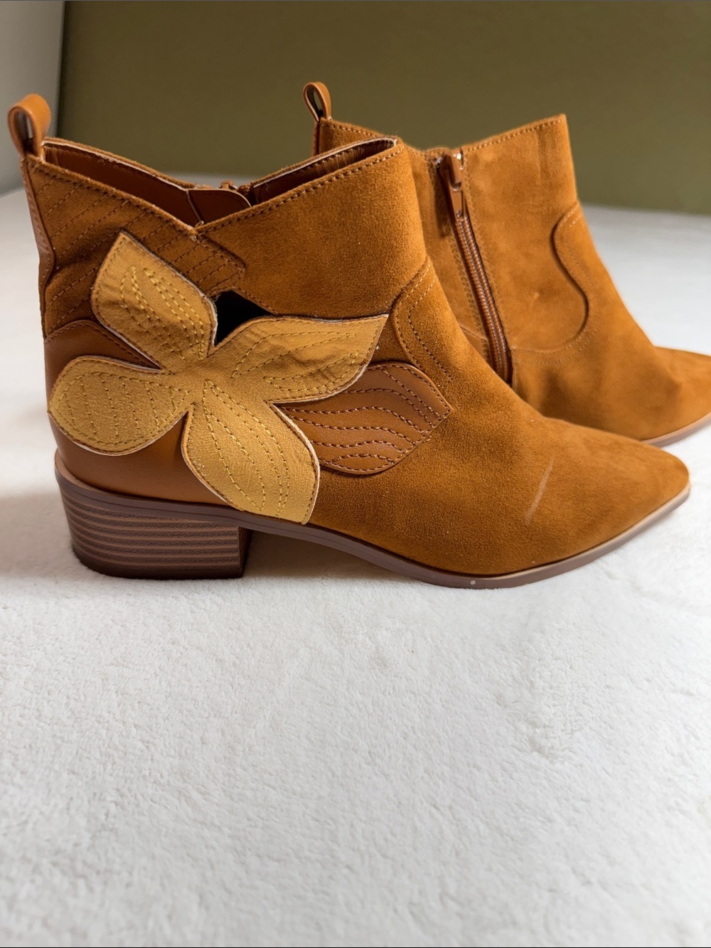 Monroe & Main Tan Suede Floral Applique Ankle Booties